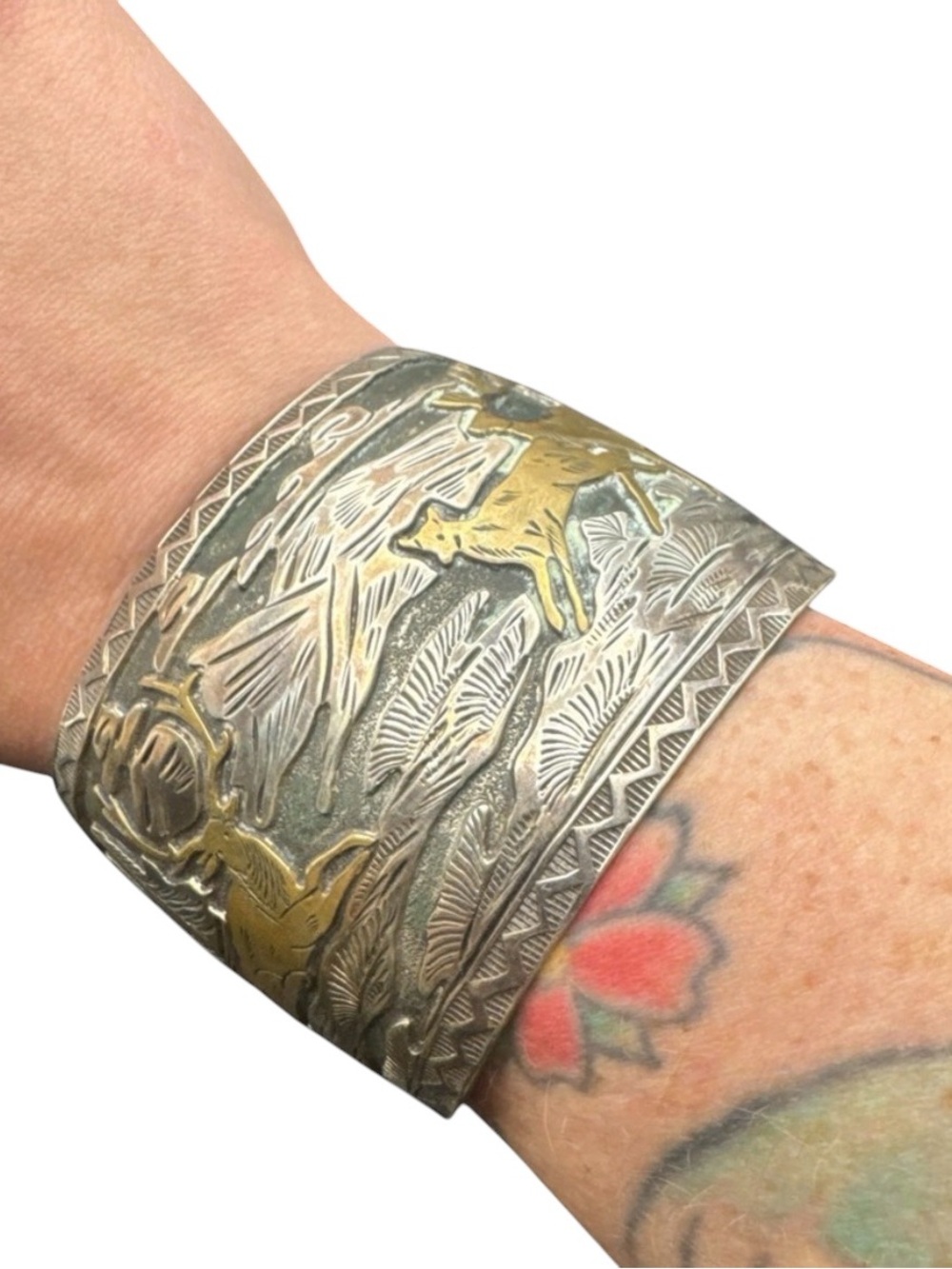Vintage Sterling Silver Navajo Verdy Jake 12K GF Overlay Storyteller Cuff 7” - Picture 1 of 12
